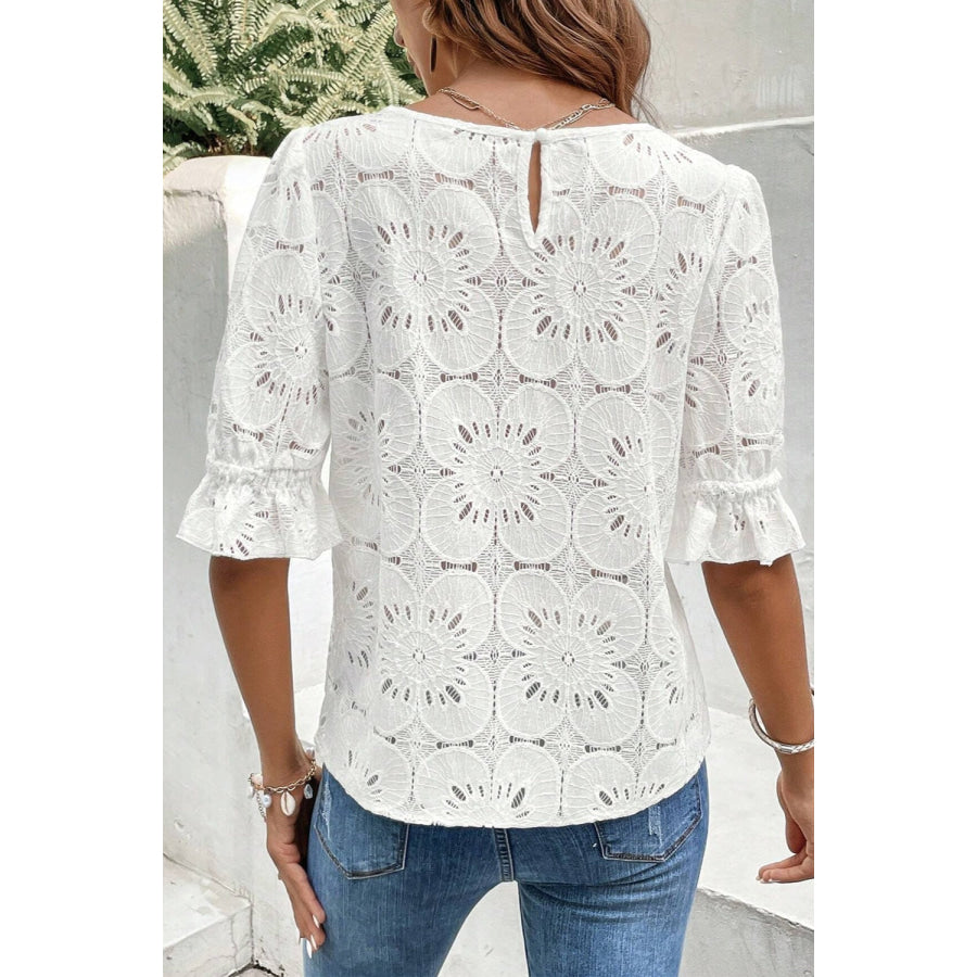 Round Neck Flounce Sleeve Blouse Apparel and Accessories