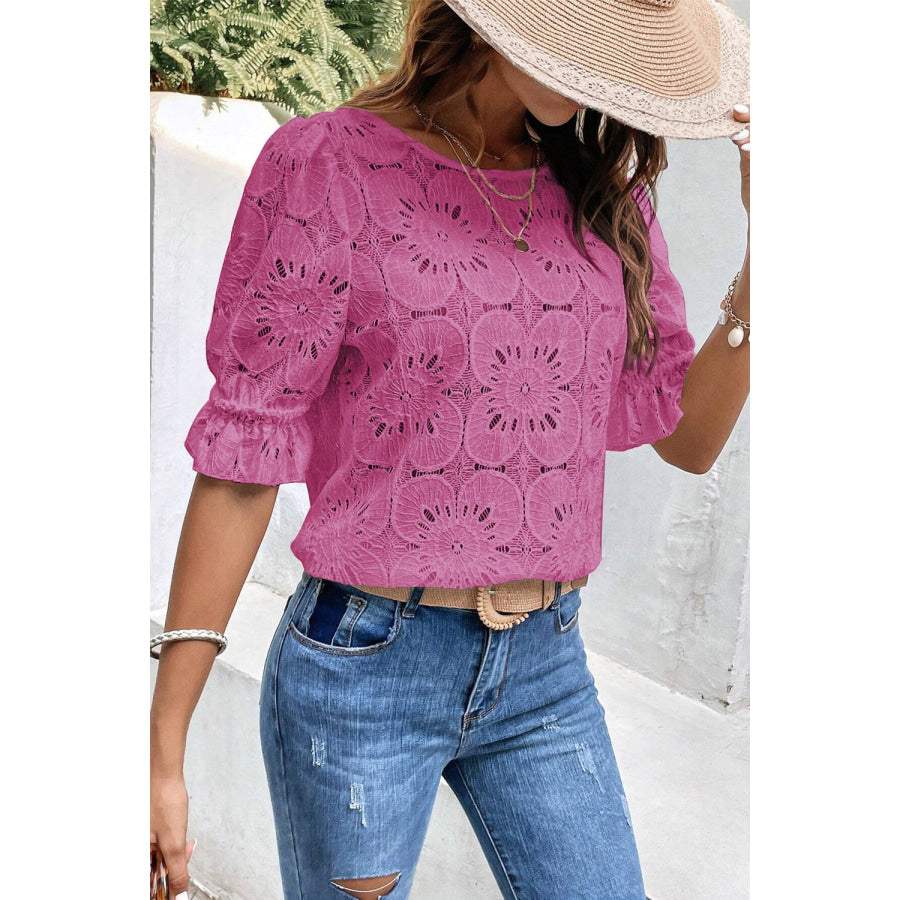 Round Neck Flounce Sleeve Blouse Apparel and Accessories