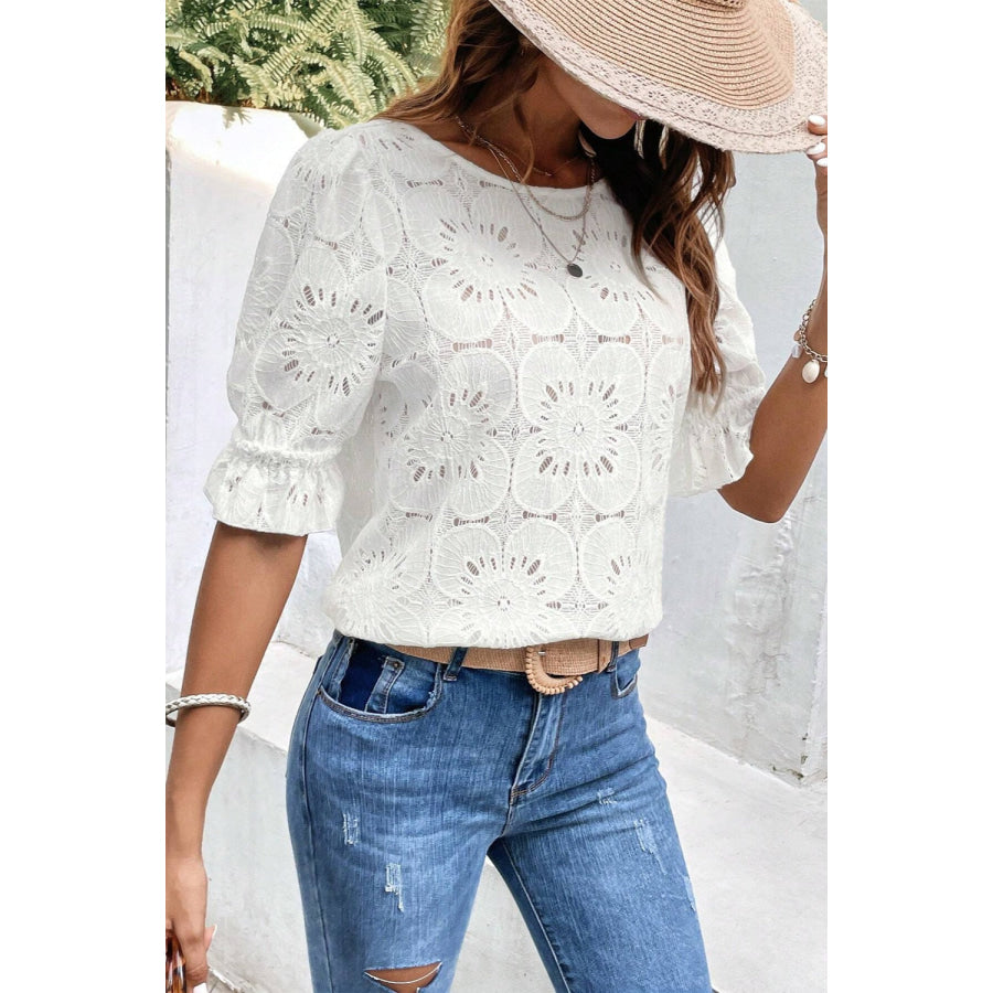 Round Neck Flounce Sleeve Blouse Apparel and Accessories
