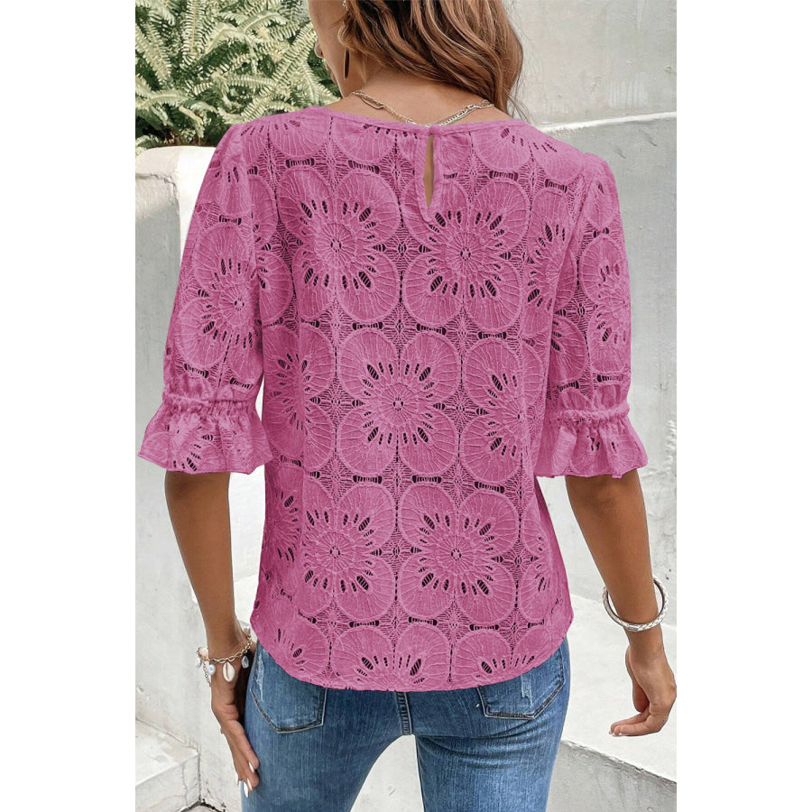 Round Neck Flounce Sleeve Blouse Apparel and Accessories