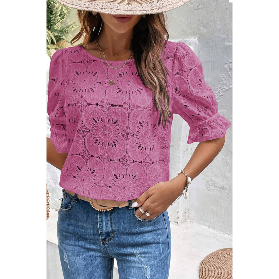 Round Neck Flounce Sleeve Blouse Red-Violet / S Apparel and Accessories