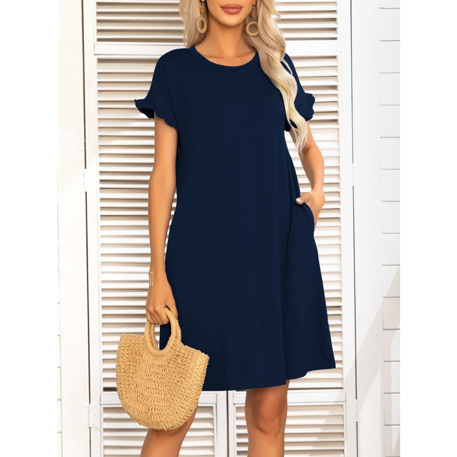 Round Neck Flounce Sleeve Dress with Pockets Navy / S