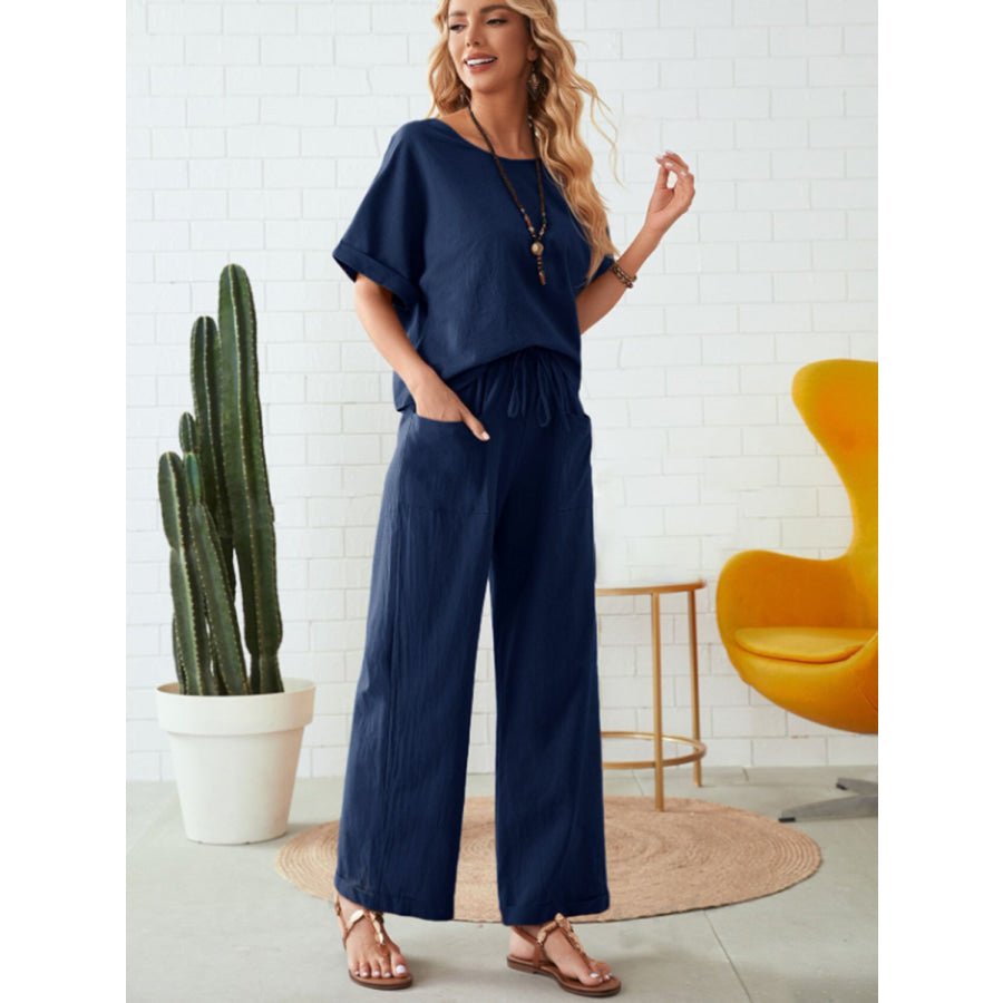 Round Neck Half Sleeve Top and Pocketed Pants Set Apparel and Accessories