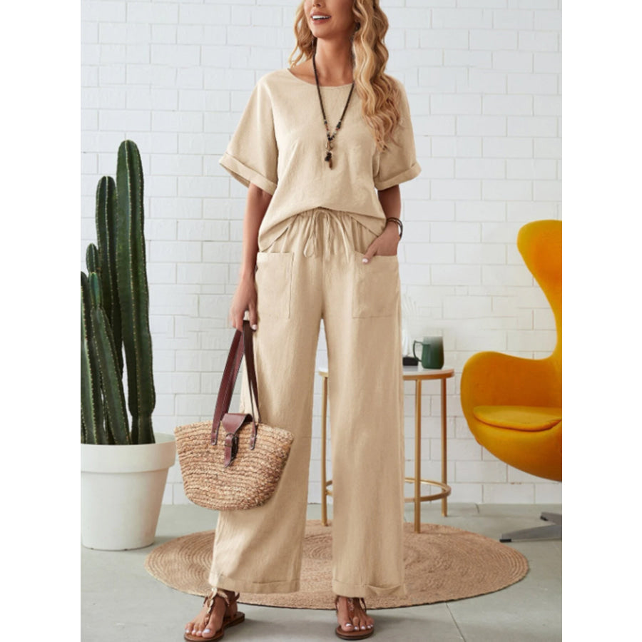Round Neck Half Sleeve Top and Pocketed Pants Set Apparel and Accessories