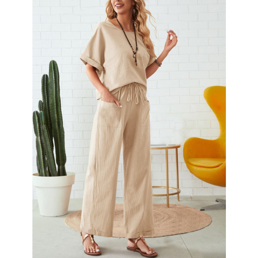 Round Neck Half Sleeve Top and Pocketed Pants Set Apparel and Accessories