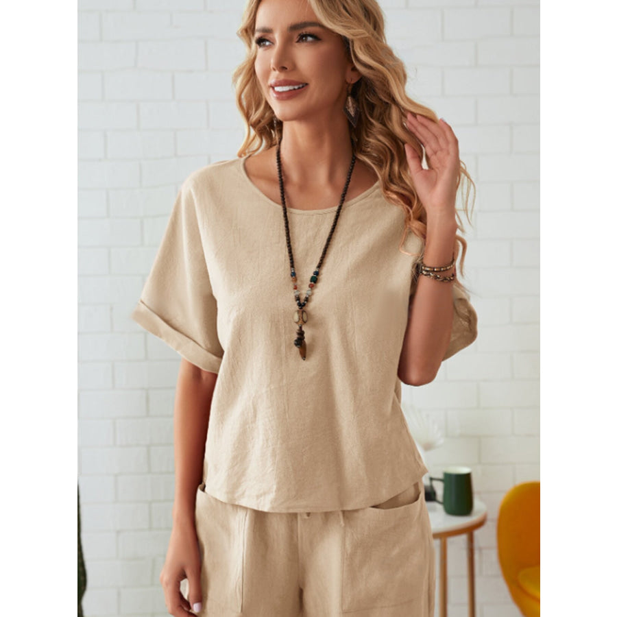 Round Neck Half Sleeve Top and Pocketed Pants Set Tan / S Apparel and Accessories