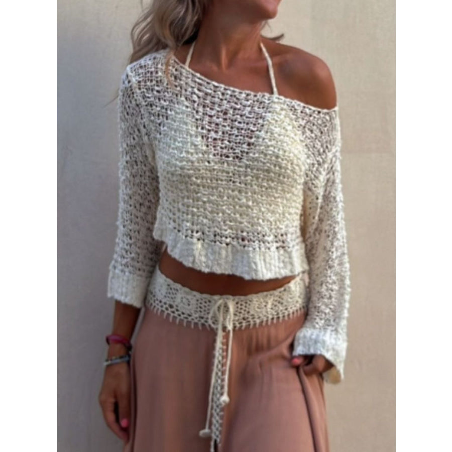 Round Neck Long Sleeve Knit Cover Up Beige / S Apparel and Accessories