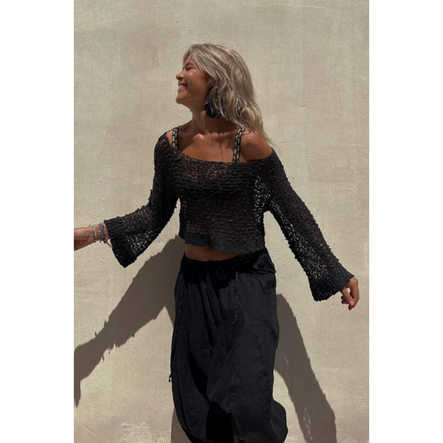 Round Neck Long Sleeve Knit Cover Up Black / S Apparel and Accessories