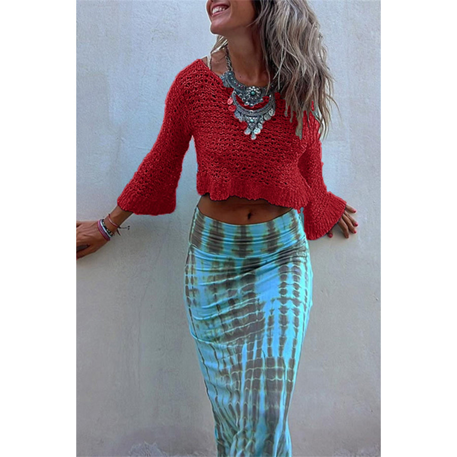 Round Neck Long Sleeve Knit Cover Up Deep Red / S Apparel and Accessories