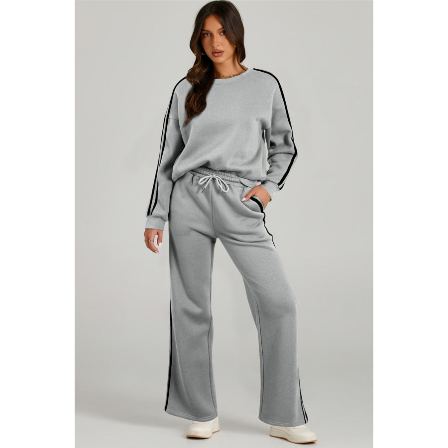 Round Neck Long Sleeve Top and Pants Active Set Gray / S Apparel and Accessories