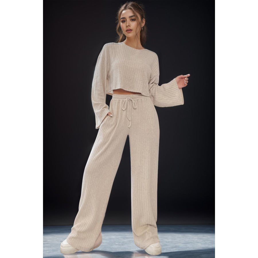 Round Neck Long Sleeve Top and Pants Set Apparel Accessories