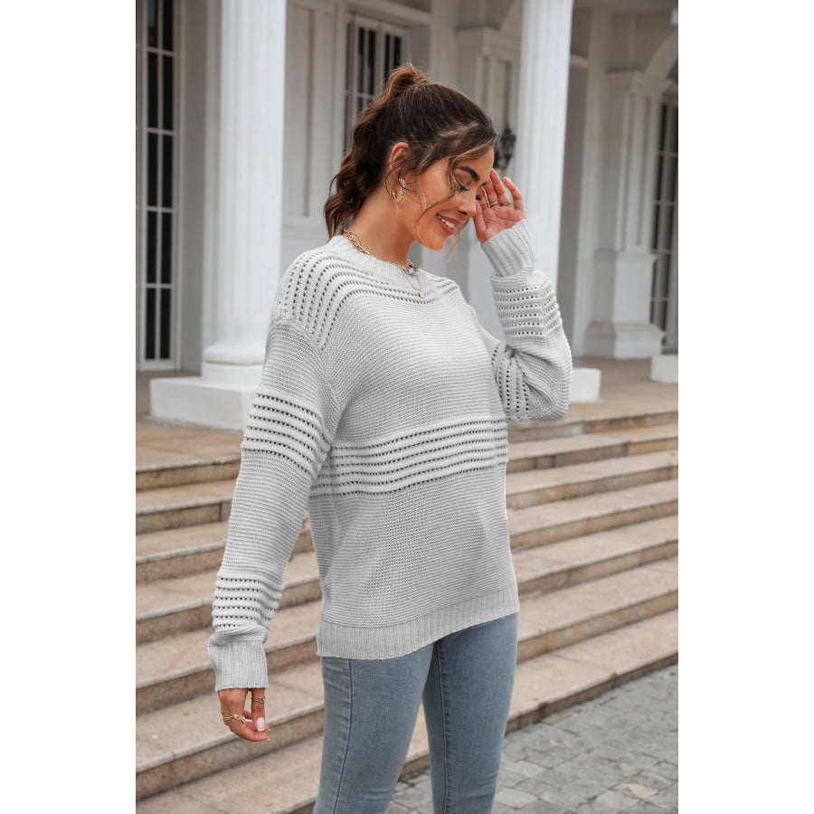 Round Neck Openwork Long Sleeve Pullover Sweater