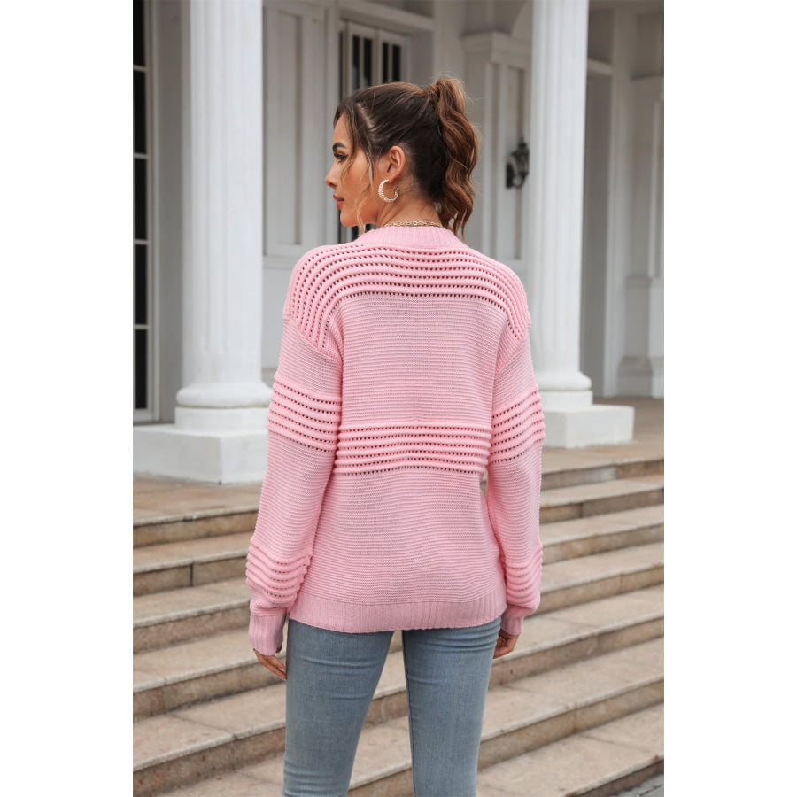 Round Neck Openwork Long Sleeve Pullover Sweater