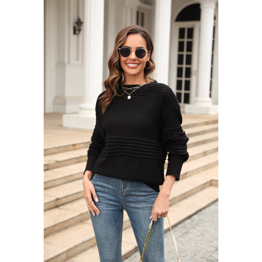 Round Neck Openwork Long Sleeve Pullover Sweater