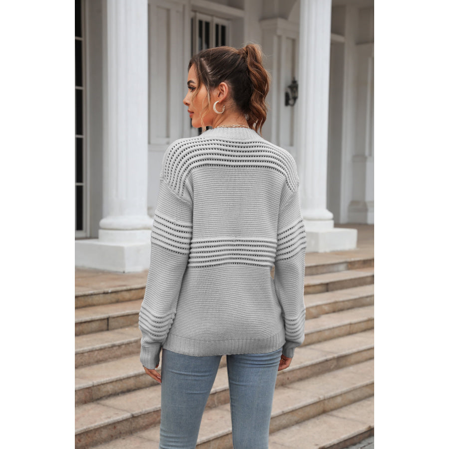 Round Neck Openwork Long Sleeve Pullover Sweater