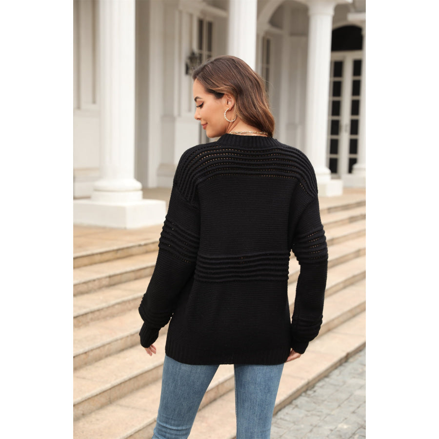 Round Neck Openwork Long Sleeve Pullover Sweater
