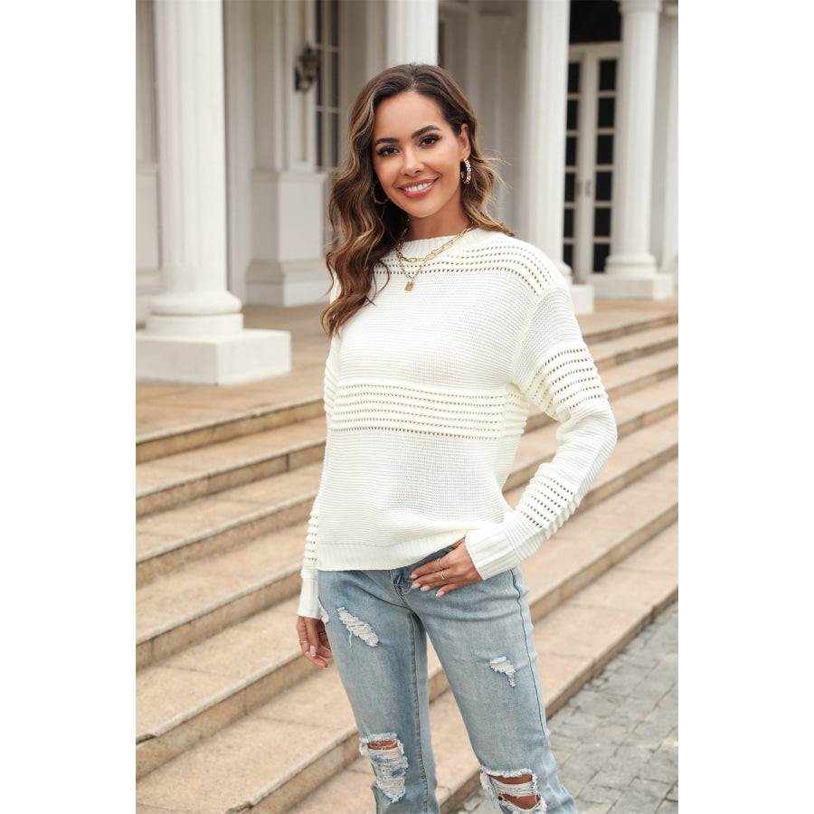 Round Neck Openwork Long Sleeve Pullover Sweater White / S