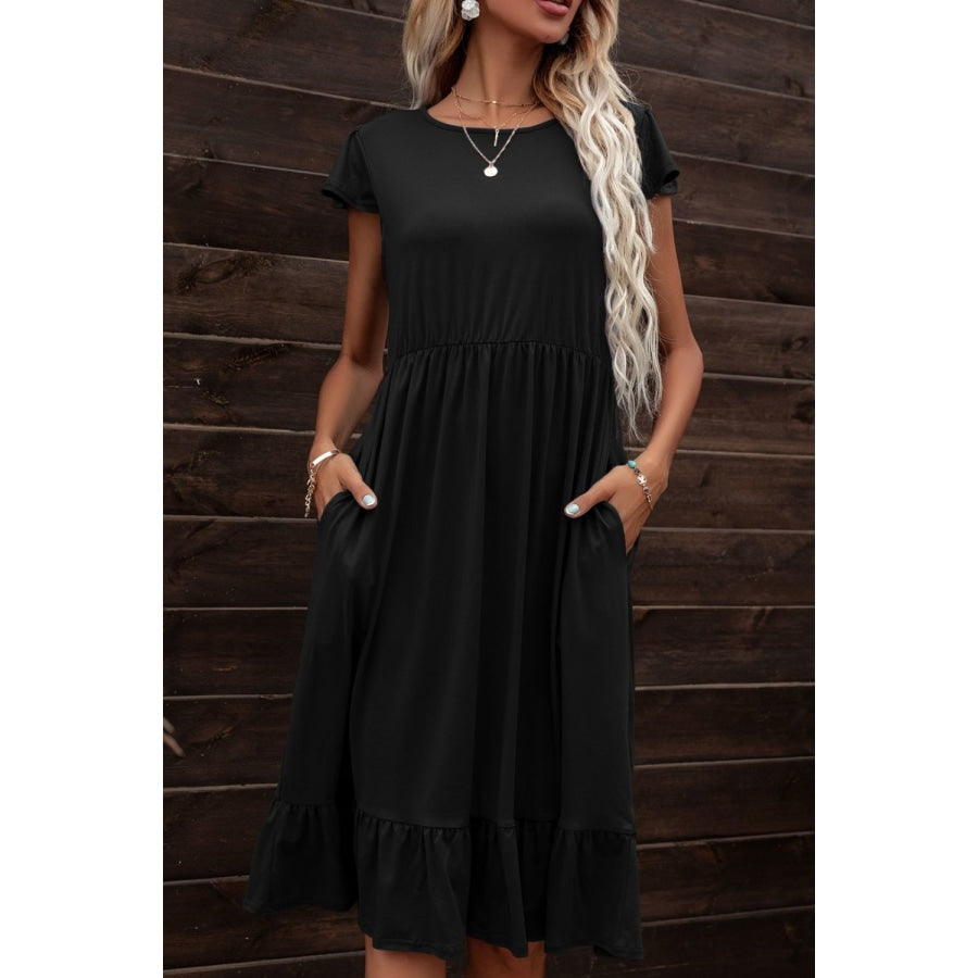 Round Neck Ruffle Hem Pocket Dress Black / S