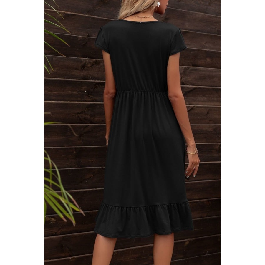 Round Neck Ruffle Hem Pocket Dress Black / S