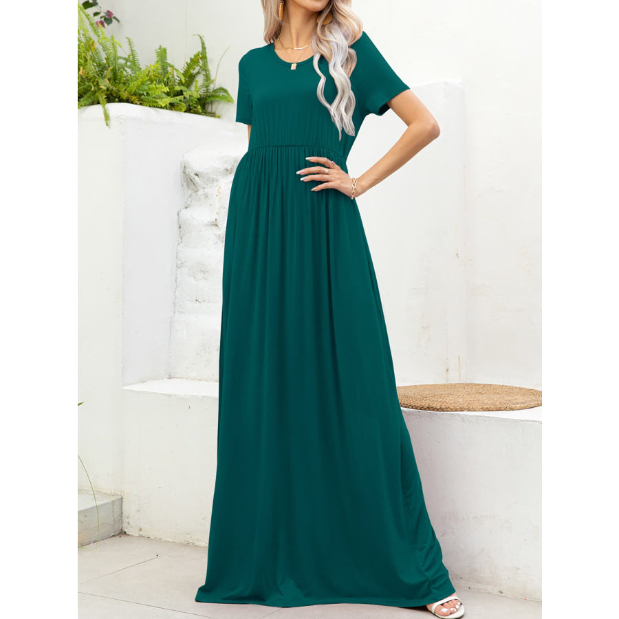 Round Neck Short Sleeve Maxi Dress with Pockets