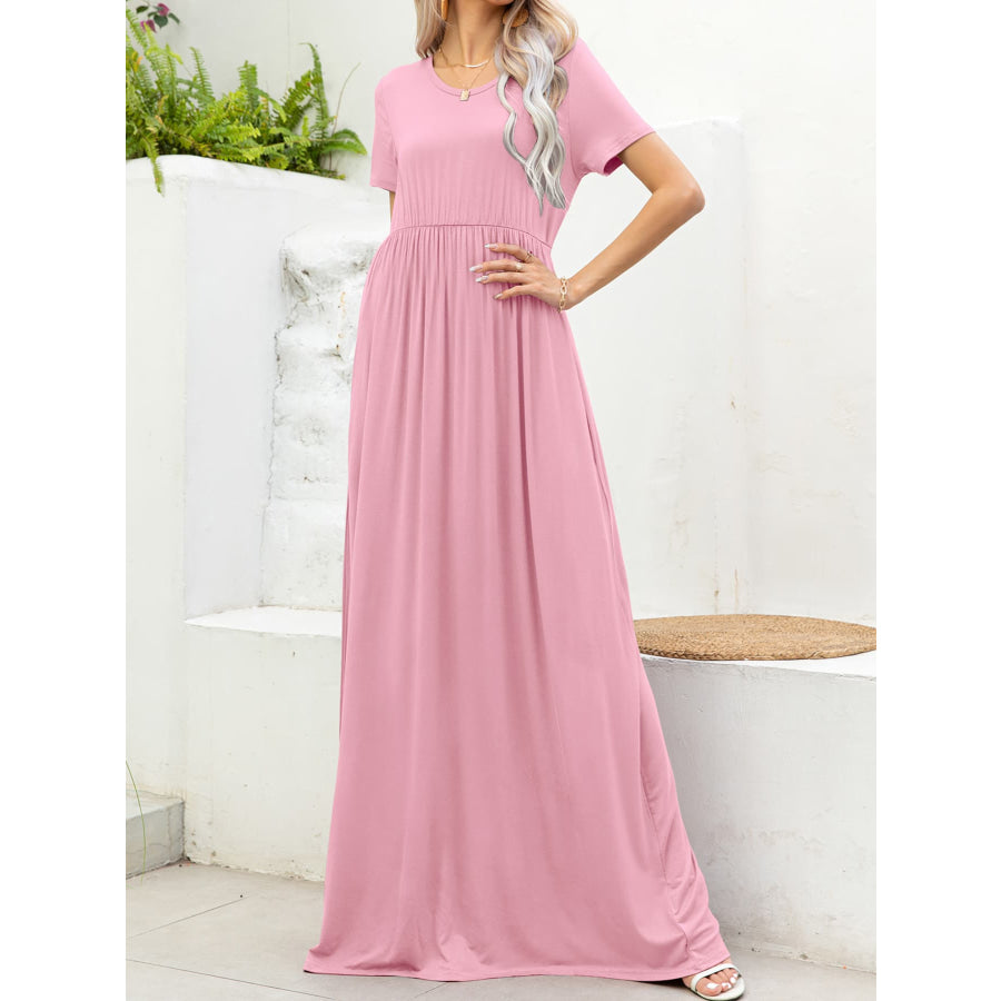Round Neck Short Sleeve Maxi Dress with Pockets