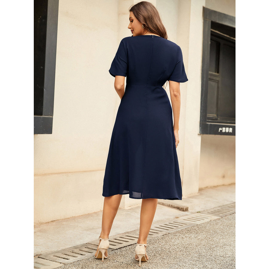 Round Neck Short Sleeve Midi Dress Navy / S Apparel and Accessories