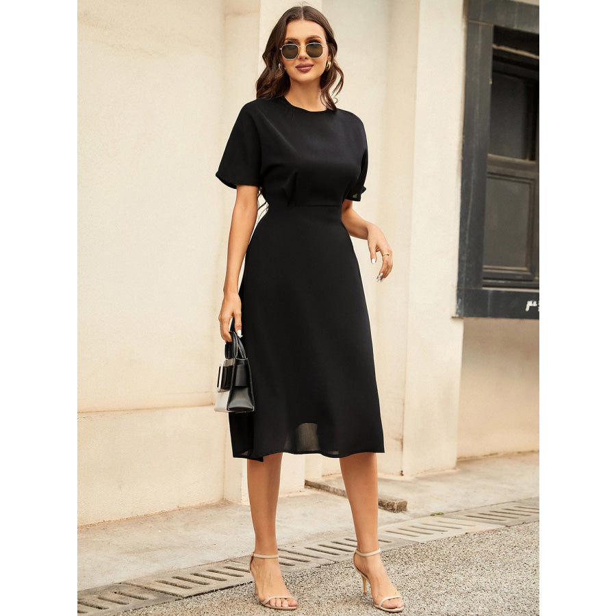 Round Neck Short Sleeve Midi Dress Black / S Apparel and Accessories