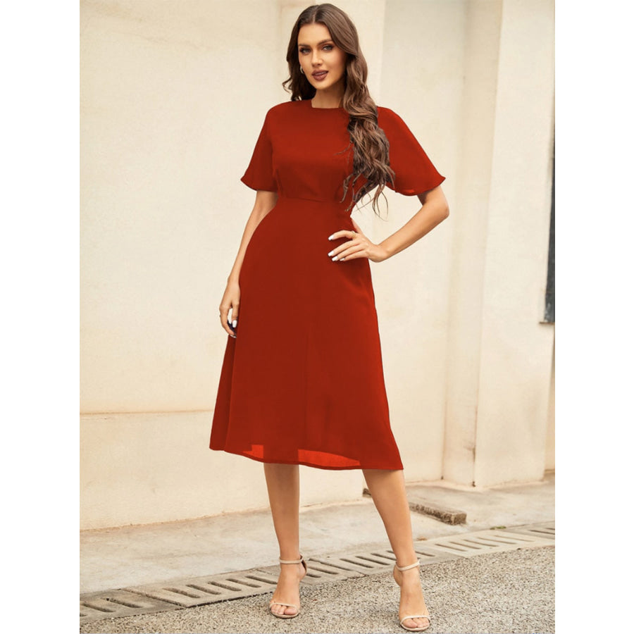 Round Neck Short Sleeve Midi Dress Deep Red / S Apparel and Accessories