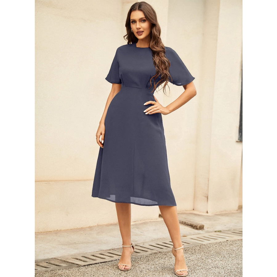 Round Neck Short Sleeve Midi Dress Dusty Blue / S Apparel and Accessories