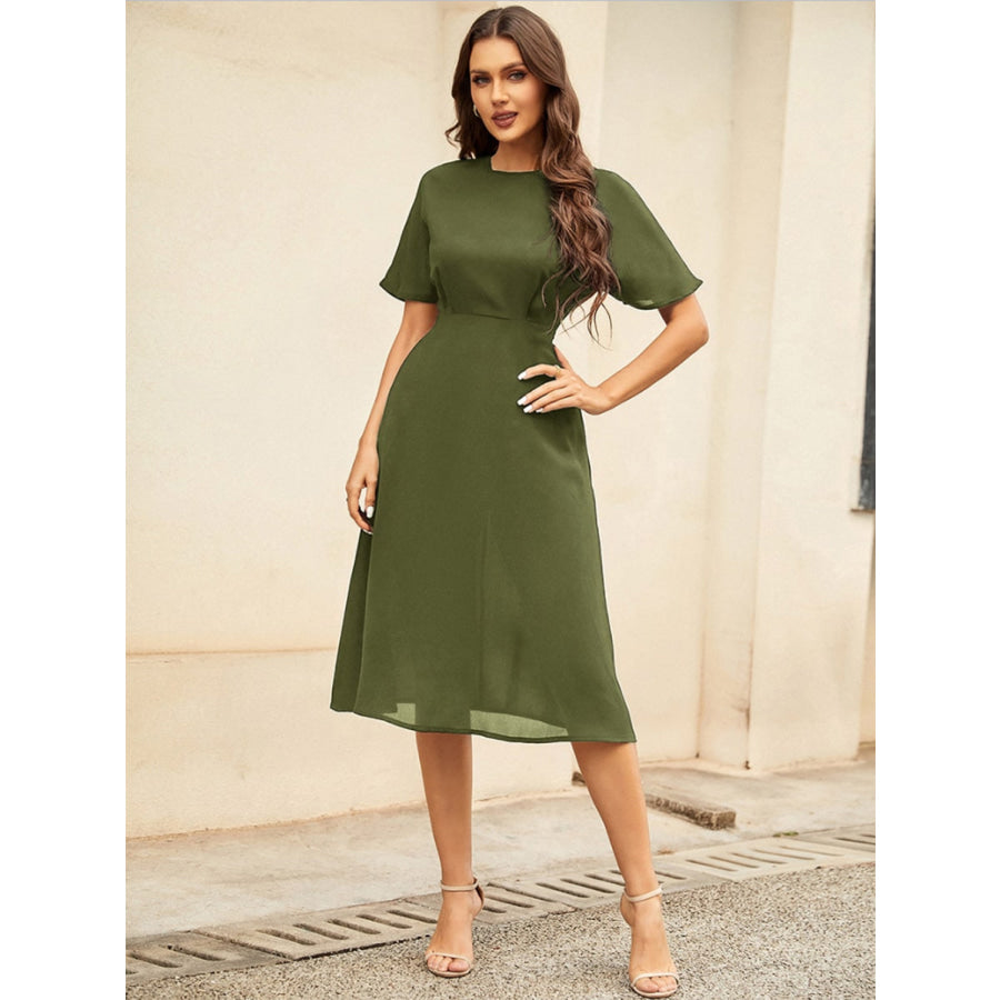 Round Neck Short Sleeve Midi Dress Moss / S Apparel and Accessories