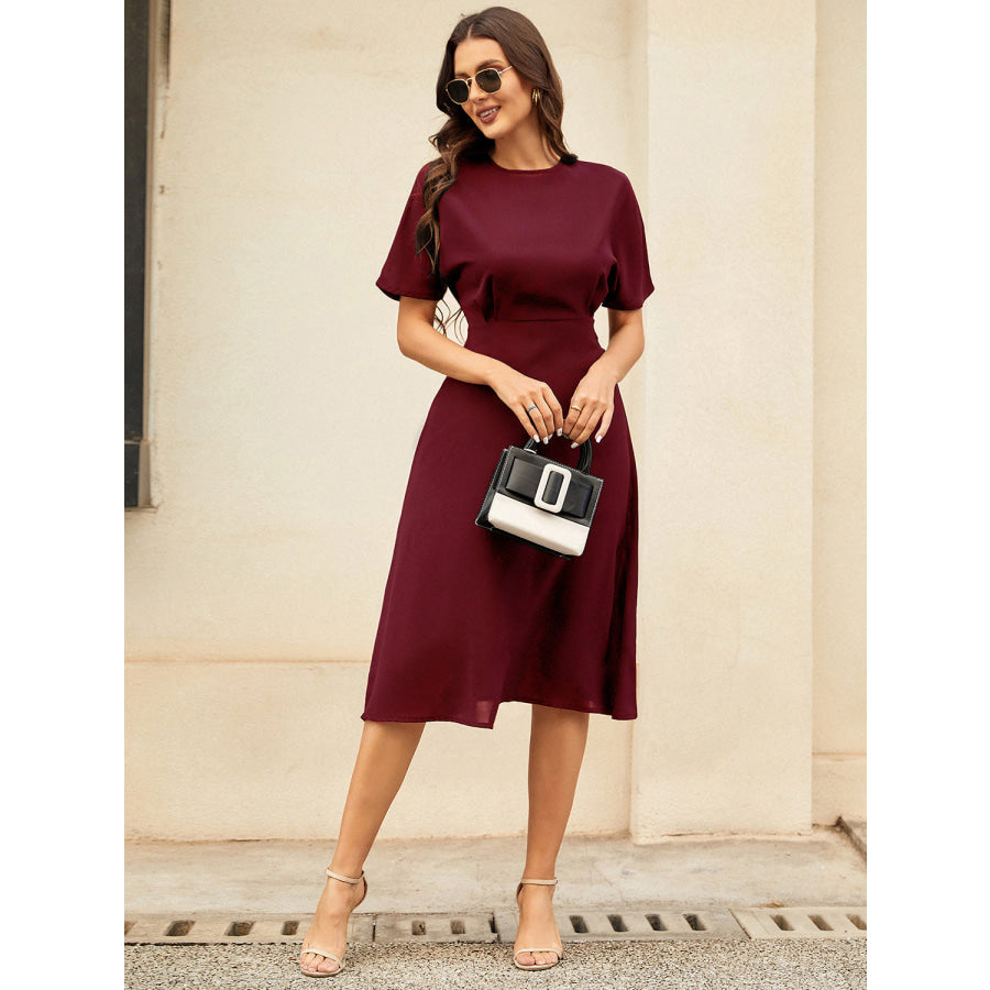 Round Neck Short Sleeve Midi Dress Wine / S Apparel and Accessories
