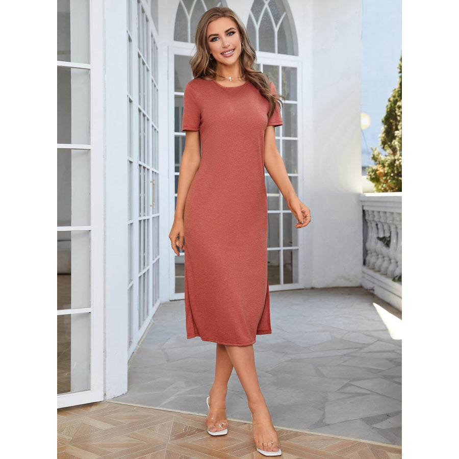 Round Neck Short Sleeve Slit Dress
