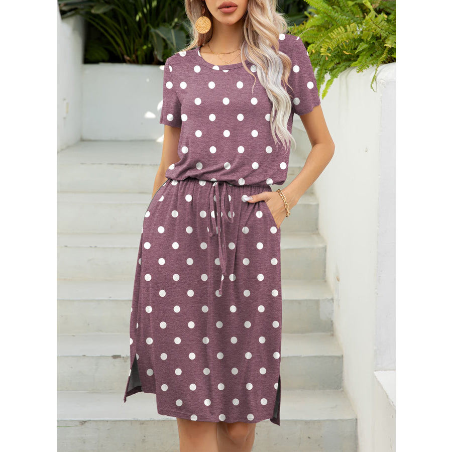 Round Neck Short Sleeve Slit Dress with Pockets Moonlit Mauve / S