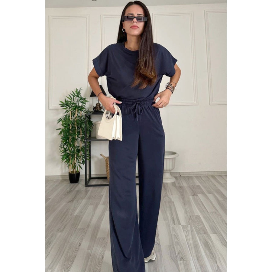 Round Neck Short Sleeve Top and Drawstring Pants Set Apparel and Accessories