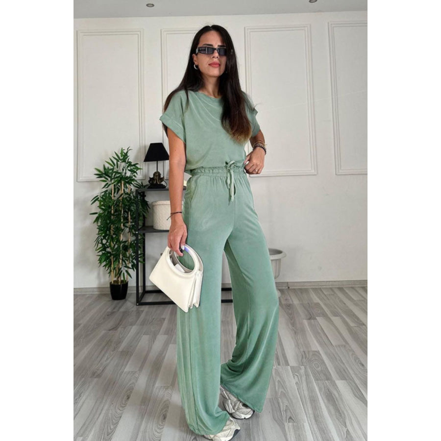 Round Neck Short Sleeve Top and Drawstring Pants Set Apparel and Accessories
