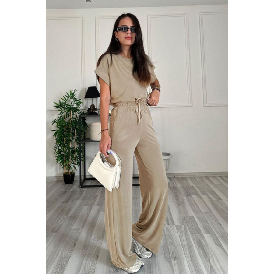 Round Neck Short Sleeve Top and Drawstring Pants Set Tan / S Apparel and Accessories