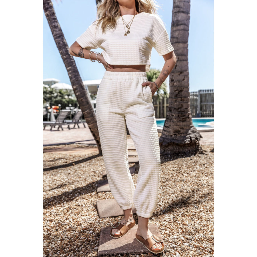 Round Neck Short Sleeve Top and Elastic Waist Pants Set Apparel Accessories