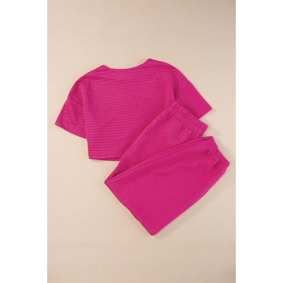 Round Neck Short Sleeve Top and Elastic Waist Pants Set Apparel Accessories