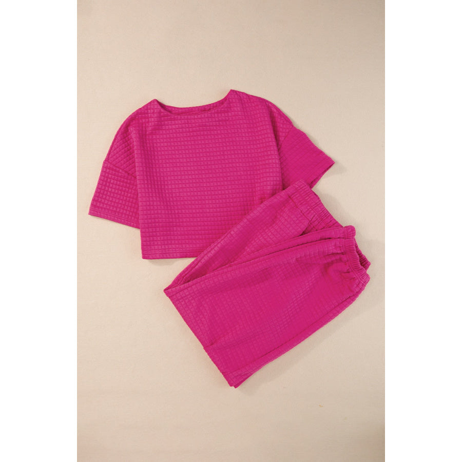 Round Neck Short Sleeve Top and Elastic Waist Pants Set Hot Pink / S Apparel Accessories