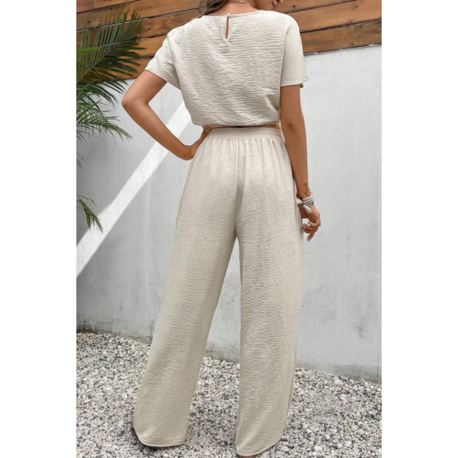 Round Neck Short Sleeve Top and Pants Set Beige / S Apparel and Accessories