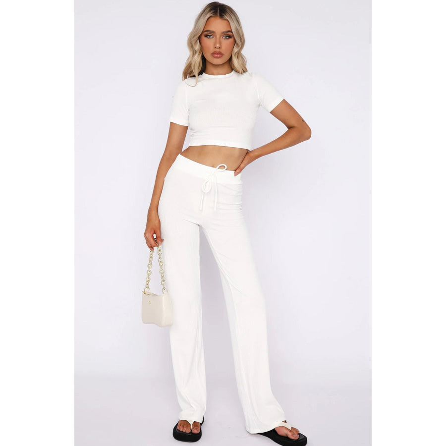 Round Neck Short Sleeve Top and Pants Set White / S