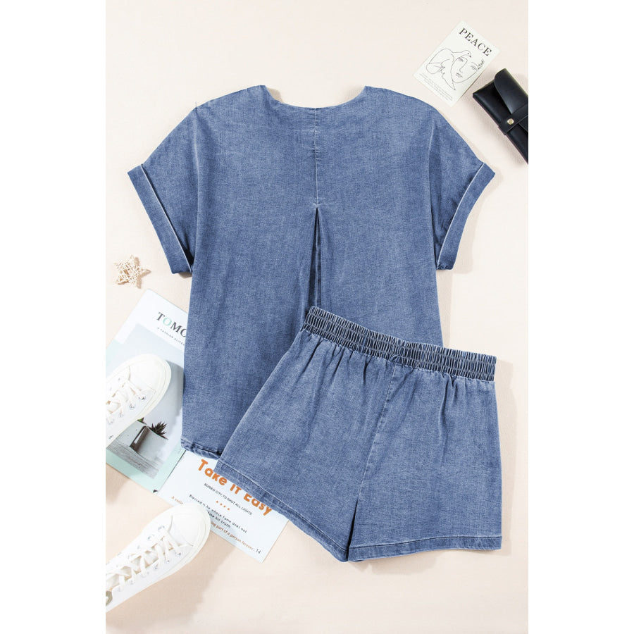 Round Neck Short Sleeve Top and Shorts Denim Set Apparel and Accessories