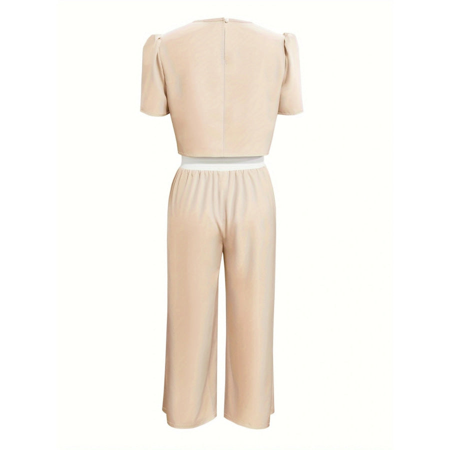 Round Neck Short Sleeve Top and Tied Pants Set Beige / S Apparel and Accessories