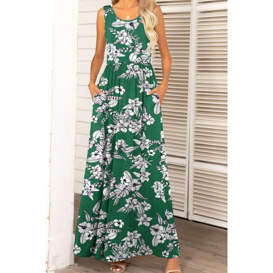 Round Neck Sleeveless Maxi Dress with Pockets Mid Green / S