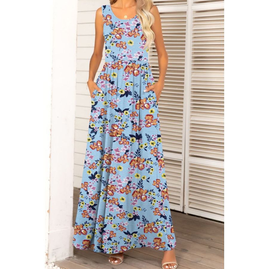 Round Neck Sleeveless Maxi Dress with Pockets Misty Blue / S