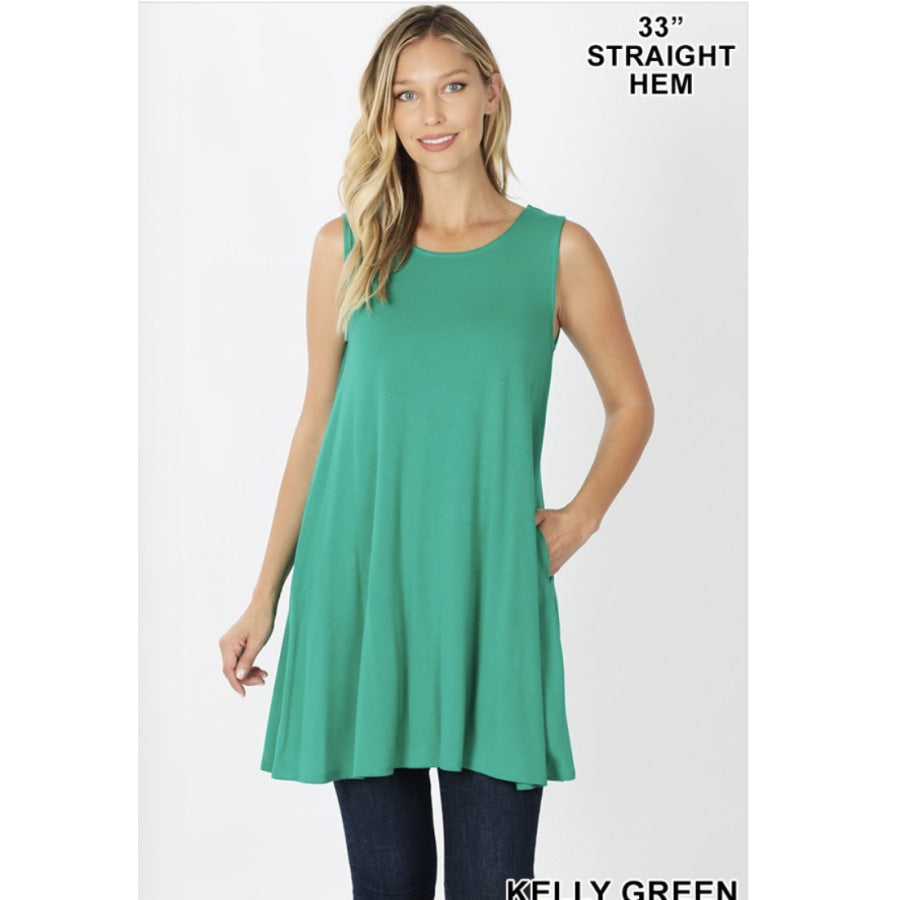 Round Neck Sleeveless Straight Hem Tunic with Pockets Coming Soon! Kelly Green / S Tops