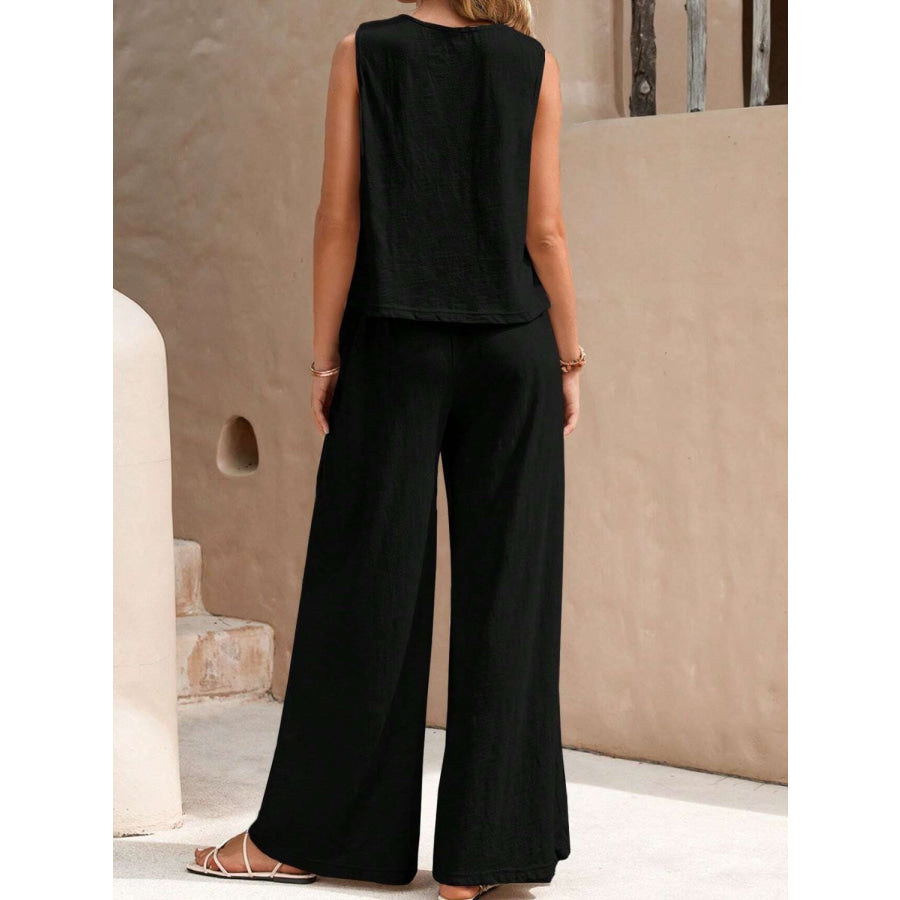 Round Neck Sleeveless Top and Wide Leg Pants Set Apparel and Accessories