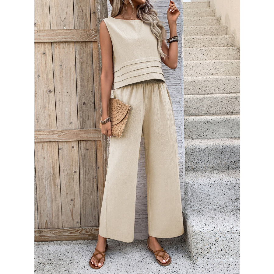 Round Neck Sleeveless Top and Wide Leg Pants Set Apparel and Accessories