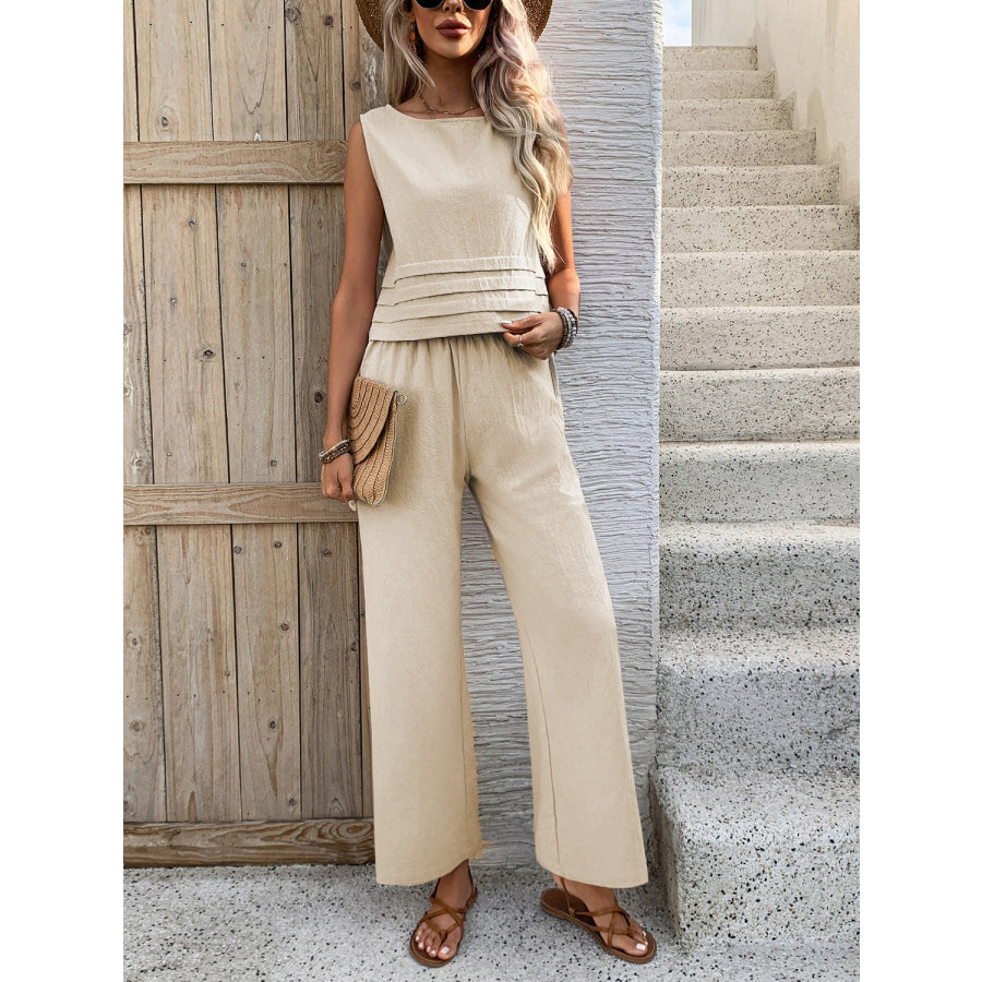 Round Neck Sleeveless Top and Wide Leg Pants Set Apparel and Accessories