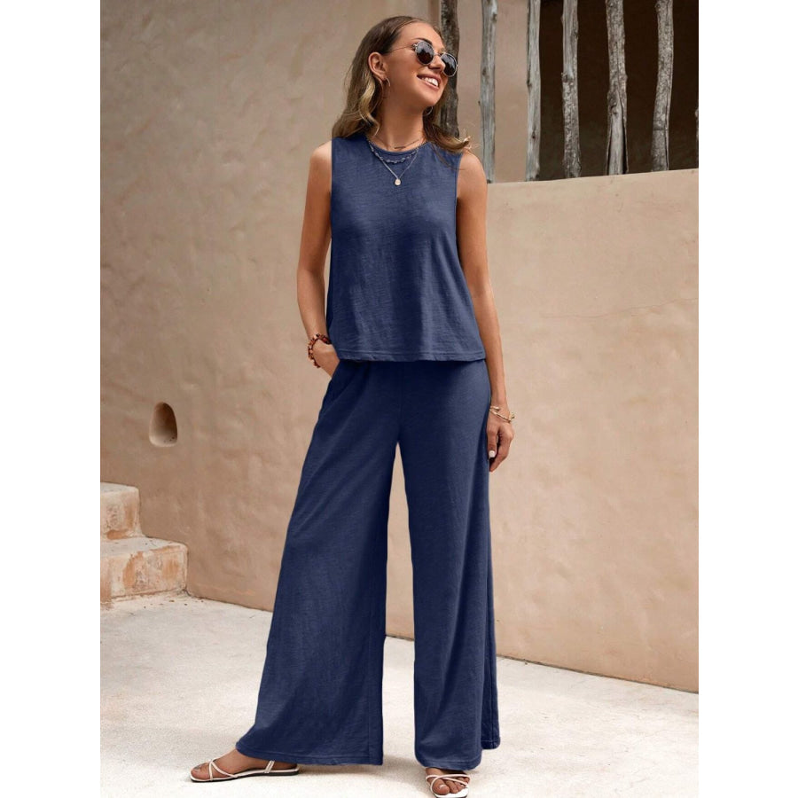 Round Neck Sleeveless Top and Wide Leg Pants Set Apparel and Accessories